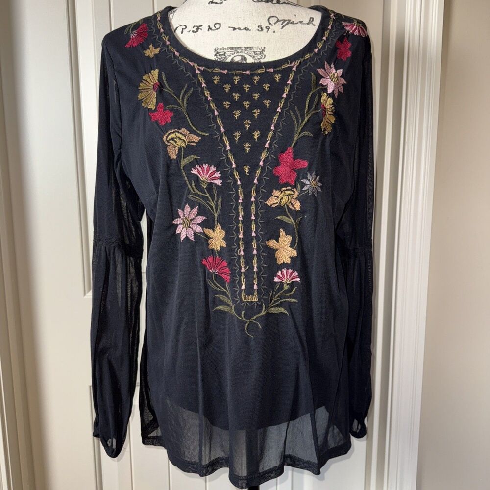 Embroidered Peasant Top Black Sz L Boho Festival Sheer Dark Fairy Whimsy Goth
